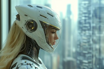 Poster - The image depicts a cyborg female with distinctive white hair and piercing blue eyes, generated using 3D rendering and AI technology