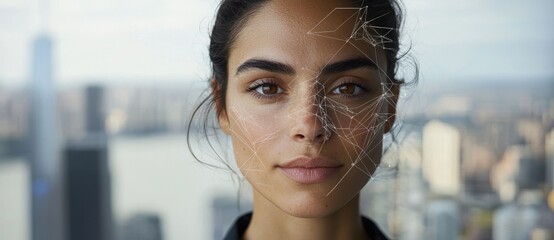 Poster - AI manages a smart city through the internet and a HUD interface featuring urban infrastructure icons, IoT technology, and ICT, alongside a robot or cyborg woman with an AI-themed copy space image