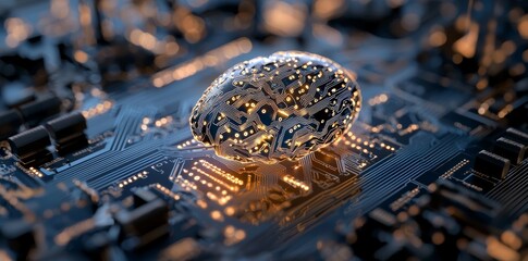 Poster - The concept of the future, AI, data, and chips is represented by an abstract brain and binary code circuit set against a blue wallpaper in a 3D rendering