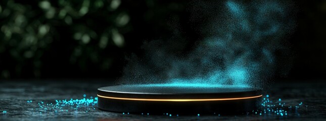 Poster - A 3D podium with a blue neon circle and hologram platform serves as a virtual background with cyberpunk elements and digital technology
