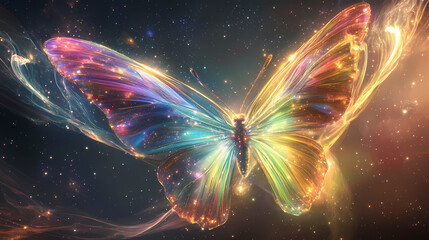 Wall Mural - a luminous iridescent butterfly with wings of swirling nebulae and a celestial glow, surrounded by e