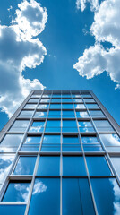 Fototapete - Low angle view of a modern glass skyscraper reflecting white clouds on a beautiful blue sky on a sunny day