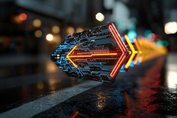 Poster - The concept of technology, innovation, and AI is visually represented through a creative digital blue circuit grid overlaid on a blurry office interior background, forming a unique landing page idea