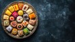 © Y_Malashkevych - An assortment of traditional Indian sweets is elegantly arranged on a decorative plate showcasing vibrant colors and unique textures