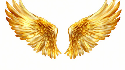Wall Mural - a pair of golden angel wings with detailed feathers on white transparent background. celestial light