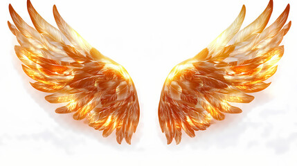 Wall Mural - a pair of golden angel wings with detailed feathers on white transparent background. celestial light