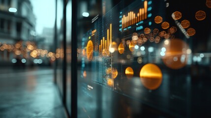 Poster - The display of a data analytics dashboard highlights business and financial investment, utilizing a HUD infographic to convey financial information and reports that detail business strategy for