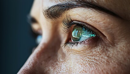 Poster - Eye of the future with holographic display, data overlays, and digital tracking features