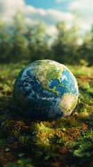Poster - Miniature globe nestled on verdant moss, representing global ecosystem preservation in lush woodland setting