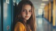 © Popelniushka - Empowered Young Scholar: Portrait of a Happy Teenage Girl Next to Her High School Locker, Embracing Growth and Positivity