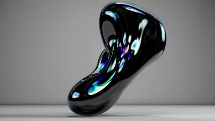 Poster - Mesmerizing abstract visual featuring a morphing fluid shape with a glossy black surface, enhanced by iridescent reflections against a gray background