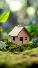 Poster - Small model house made of cardboard is placed on a bed of moss, promoting sustainable housing and ecological building materials