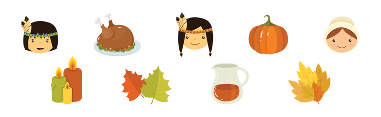 Poster - happy thanksgiving holiday object and element vector set