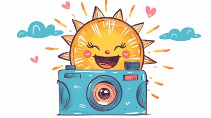 Cute sun icon with a camera, capturing happy moments, isolated on white