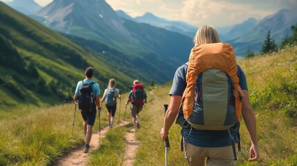 group tourists of hiker sporty people walks in mountains at sunset with backpacks. concept adventure