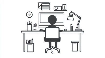 Poster - Person working at a simple desk, office, workspace, using computer. Possible use stock photo for business, productivity, or work concepts