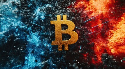 Poster - Golden bitcoin coin engulfed in a fiery blaze, with water droplets and lightning bolts. This illustrates the concept of a Bitcoin Gold blockchain hard fork, depicted as a cryptocurrency symbol amidst