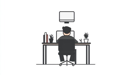 Poster - Man working at desk, office, computer, plants, minimalist background; website illustration