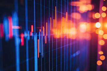 Poster - A 3D rendering showcases  market expansion, business investment, and data ideas with digital financial charts, graphs, and indicators set against a dark blue, hazy backdrop