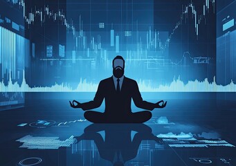 Poster - Young man trader meditating beneath a descending crypto or  market chart. This portrays a business trader in a finance  market graph scenario, indicating a bearish  market