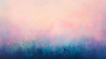 Poster - Soft pastel watercolor texture with gentle blends of colors showcasing subtle floral elements in a dreamy landscape setting. Generative AI