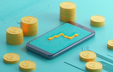 Poster - Concept of a digital wallet and bitcoins featured on a printed circuit board. Bitcoins spill out of a pink-curved smartphone