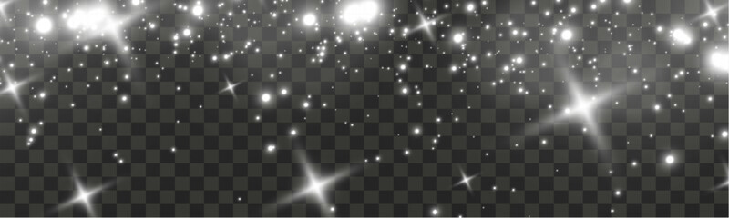 Poster - 	
Sparkling white light particles on transparent background, glowing stars and dust effect, festive glitter overlay, magical illumination, digital abstract decoration.	