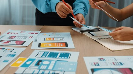 Poster - panorama video of startup company employee planning on user interface prototype for mobile applicati