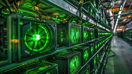 Poster - Bitcoin and crypto mining farm. Big data center. High-tech server computers operational under green lighting