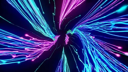 Poster - Bright neon light trails are swirling and converging, creating a mesmerizing vortex against a dark backdrop, with vibrant hues of pink, blue, and green illuminating the scene