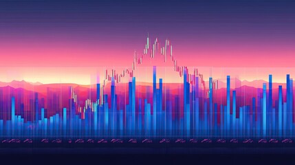 Poster - Big data chart displayed against a cityscape, illustrating trade technology and investment analysis. Business development, financial planning, and strategy are also highlighted. Graphs of financial