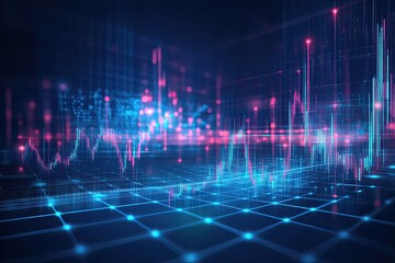 Poster - Close-up view of a  market financial chart displaying an uptrend line with candlestick graph on a blue-colored monitor background