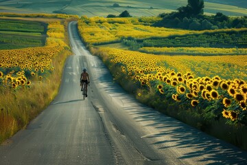 Cycling along a winding road surrounded by vibrant sunflowers in a picturesque countryside landscape during bright daylight