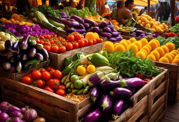 Wall Mural - colorful arrangement fresh vegetables market display showcasing vibrant yellows culinary delight, colors, organic, produce, seasonal, harvest, purple, red