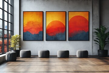 Poster - Graphic layouts for promotional flyers showcasing modern art in a stylish indoor setting