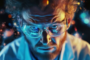 Poster - Scientist conducting experiment with glowing particles in a laboratory setting at night