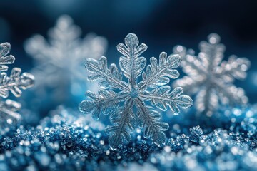 Poster - Snowflakes in various shapes sparkle on a gradient blue background in winter