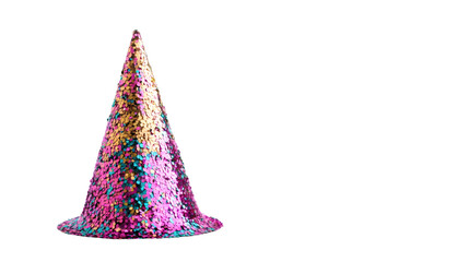Poster - Glittering party cone sparkling with pink, gold, blue sequins, illuminating festive celebrations against transparent backdrop