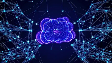 Poster - Complex network of interconnected nodes and lines forming a cloud computing system, symbolizing data transfer, processing, and storage in a futuristic technological landscape
