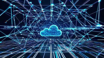 Poster - Futuristic cloud computing server processing data in a cyberspace network, representing global connectivity and technological advancement in the digital age