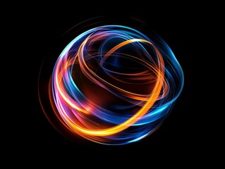 Poster - A captivating and mesmerizing sphere of swirling neon pink, vibrant orange, and deep blue light elegantly displayed against a dark backdrop, creating a stunning and eyecatching visual effect
