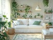 © vefimov - This minimalist modern living room exudes a chic, contemporary vibe with its white sofa and green accents. The abundance of indoor plants adds a touch of nature to the space.