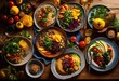© Yaroslava - colorful display plates featuring diverse culinary options array grains inviting dining experience, vibrant, foods, fresh, vegetables, fruits, herbs