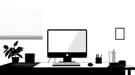 Poster - Minimalist home office workspace, computer, plant