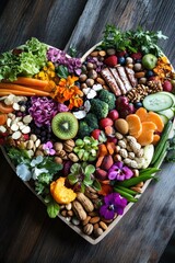 Wall Mural - A healthy, vibrant assortment of vegetables and fruits arranged in a heart shape.