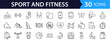 © SMUX - Sport and Fitness set of web icons in line style. Gym and fitness icons for web and mobile app. Healthy lifestyle, exercise, diet, nutrition, weight training, body care, workout. Editable stroke
