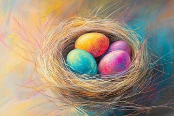 Experience the gentle beauty of Easter with a nest of vibrant eggs, illustrated using fine lines and a harmonious blend of soft colors, capturing artistic elegance.

