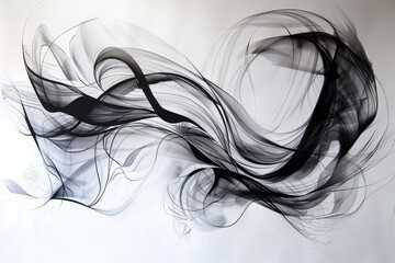 Fototapete - Flowing black smoke creates an abstract pattern on a light background, evoking a sense of movement and depth in the artwork