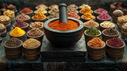 Poster - Vibrant array of spices with central mortar and pestle in a rustic market setting