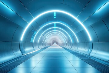 Poster - Futuristic tunnel with glowing blue lights in a modern architectural space